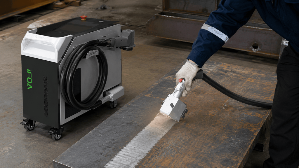 Laser Cleaning for Weld Preparation: Remove Rust, Oxides and Coatings Before Welding | Sichuan Strongest Laser Technology Co., Ltd Industrial laser cleaning machine preparing a steel plate for welding