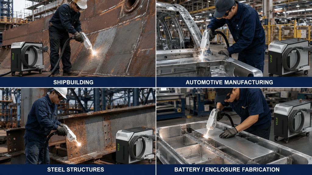 Laser Cleaning for Weld Preparation: Remove Rust, Oxides and Coatings Before Welding | Sichuan Strongest Laser Technology Co., Ltd Laser cleaning applications for weld preparation in shipbuilding, automotive, steel structures and enclosure manufacturing