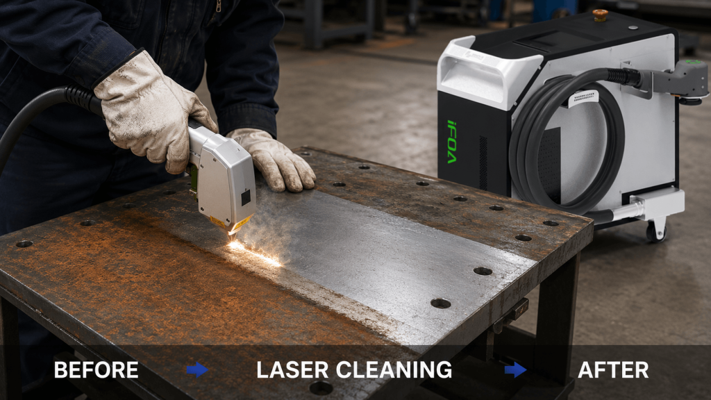 Laser cleaning for weld preparation on a rusted steel surface before welding