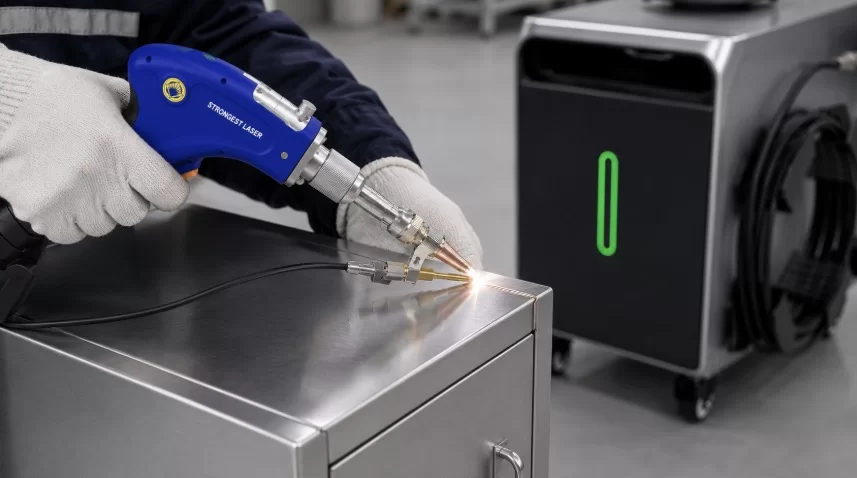 Handheld Laser Welding for Thin Stainless Steel Cabinets Handheld laser welding machine welding a thin stainless steel cabinet corner